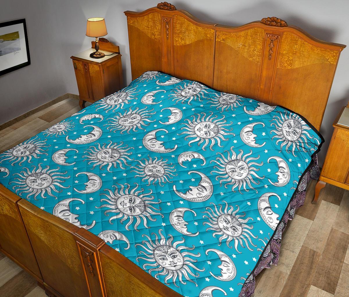 Sun Moon Blue Pattern Print Quilt-grizzshop