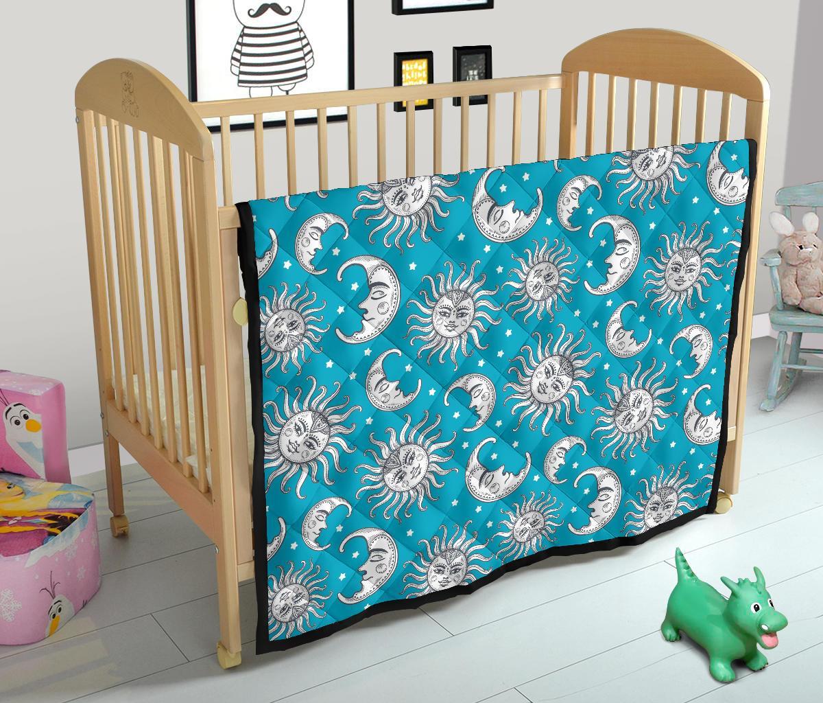 Sun Moon Blue Pattern Print Quilt-grizzshop