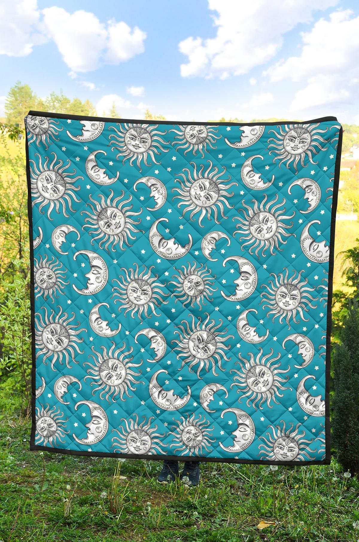 Sun Moon Blue Pattern Print Quilt-grizzshop