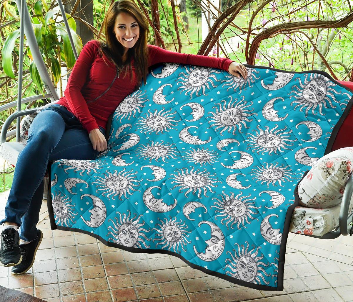 Sun Moon Blue Pattern Print Quilt-grizzshop