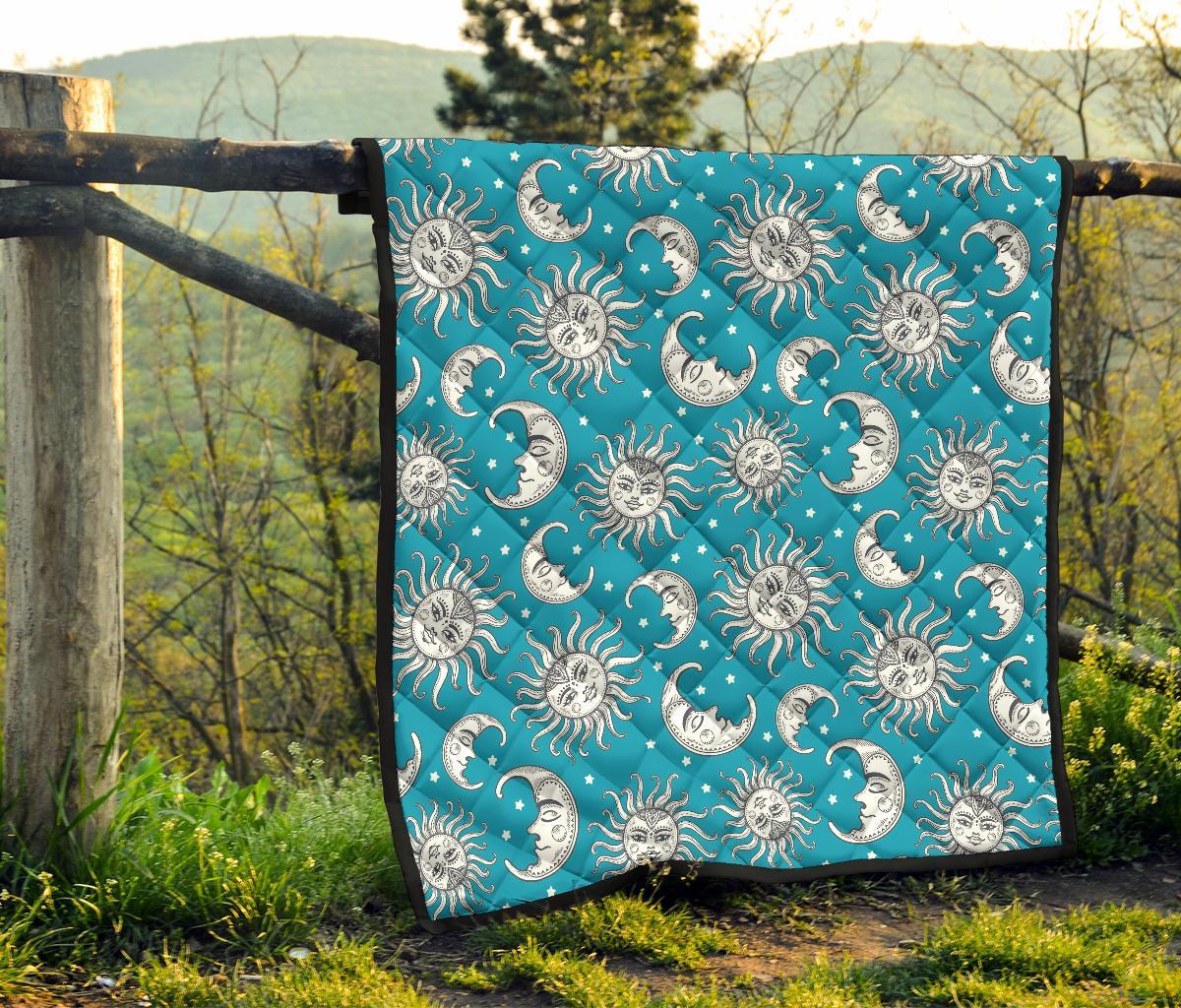 Sun Moon Blue Pattern Print Quilt-grizzshop