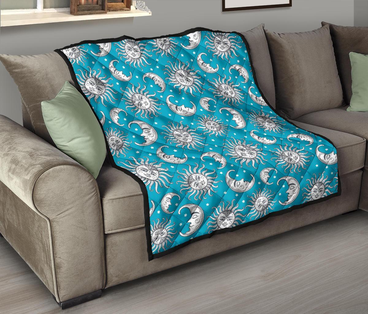 Sun Moon Blue Pattern Print Quilt-grizzshop