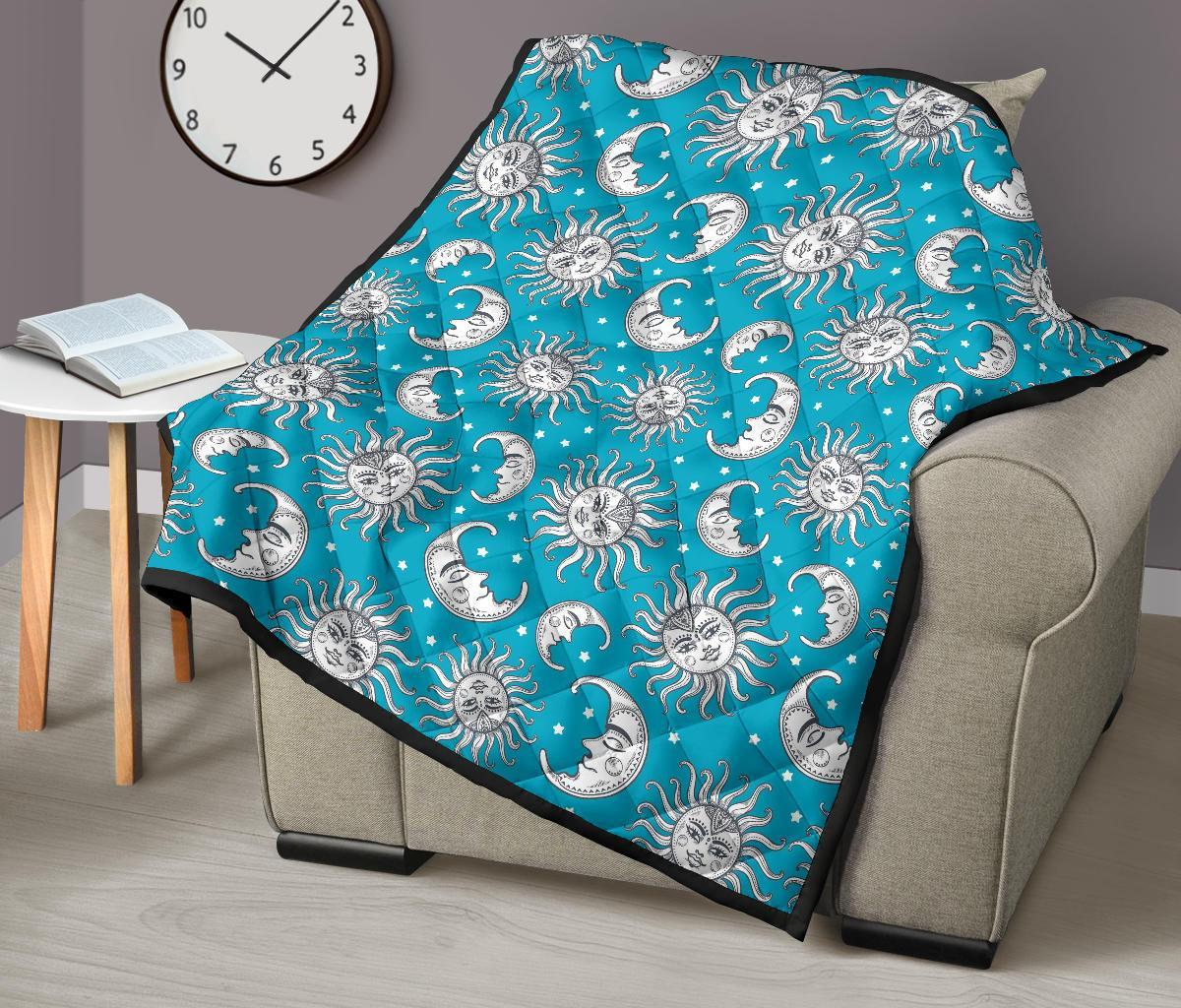 Sun Moon Blue Pattern Print Quilt-grizzshop