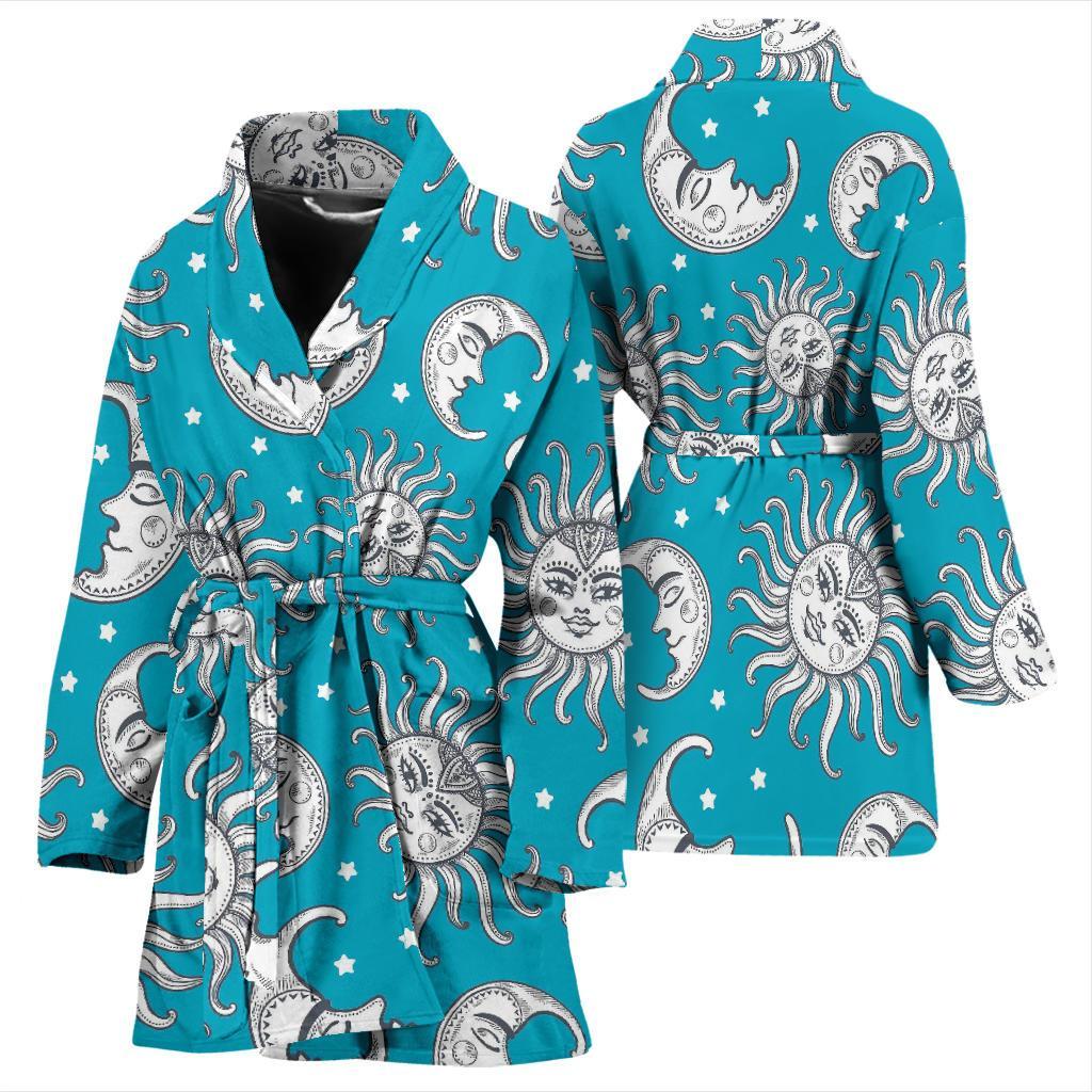 Sun Moon Blue Pattern Print Women Long Robe-grizzshop