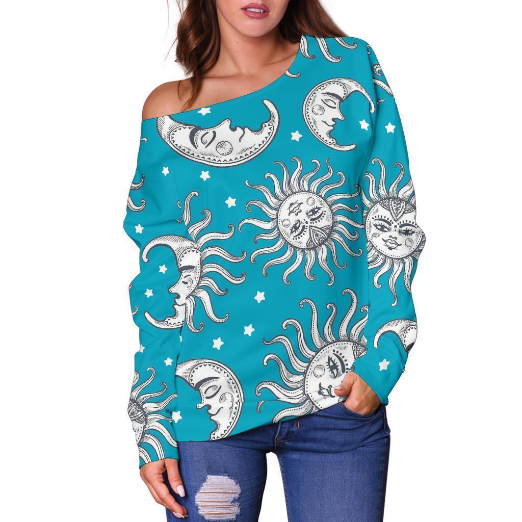 Sun Moon Blue Pattern Print Women Off Shoulder Sweatshirt-grizzshop