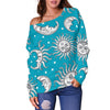 Sun Moon Blue Pattern Print Women Off Shoulder Sweatshirt-grizzshop