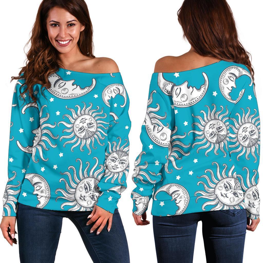 Sun Moon Blue Pattern Print Women Off Shoulder Sweatshirt-grizzshop
