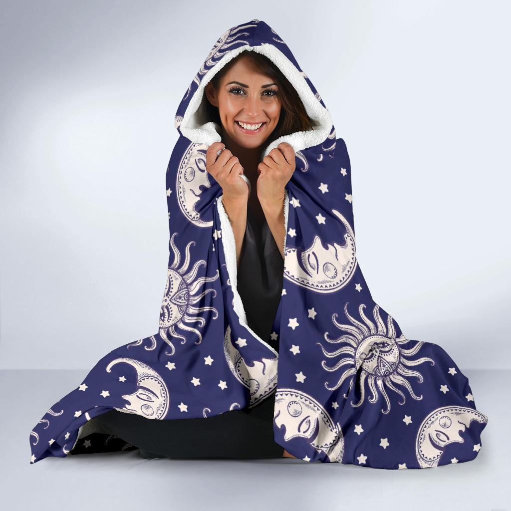 Sun Moon Celestial Pattern Print Hooded Blanket-grizzshop
