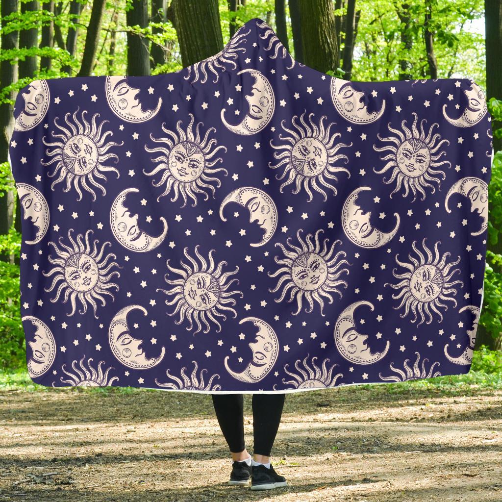 Sun Moon Celestial Pattern Print Hooded Blanket-grizzshop