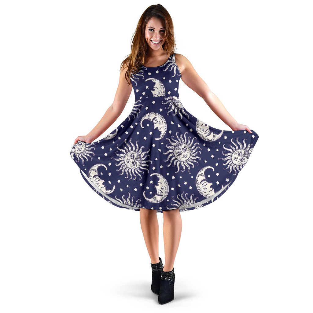 Sun Moon Pattern Print Dress-grizzshop