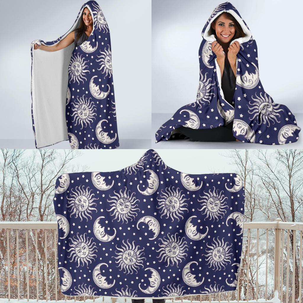 Sun Moon Pattern Print Hooded Blanket-grizzshop