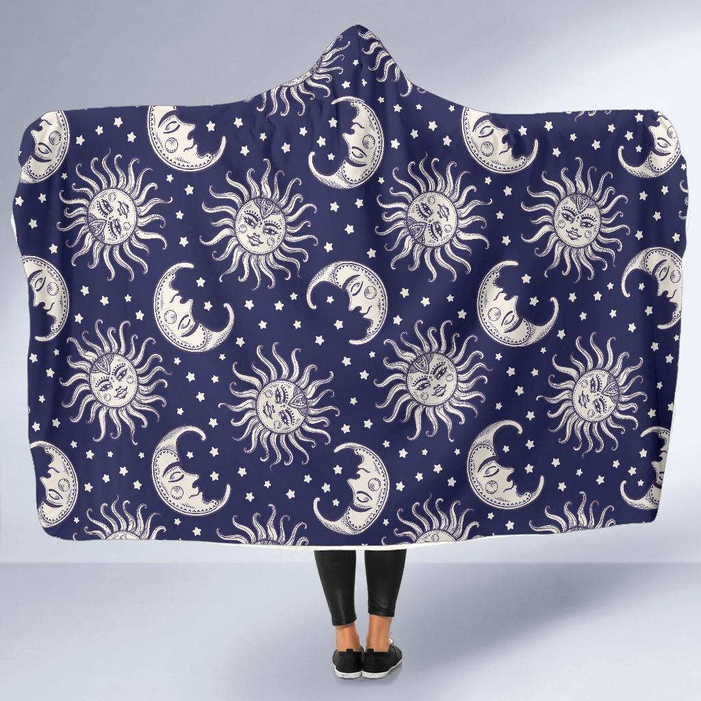 Sun Moon Pattern Print Hooded Blanket-grizzshop