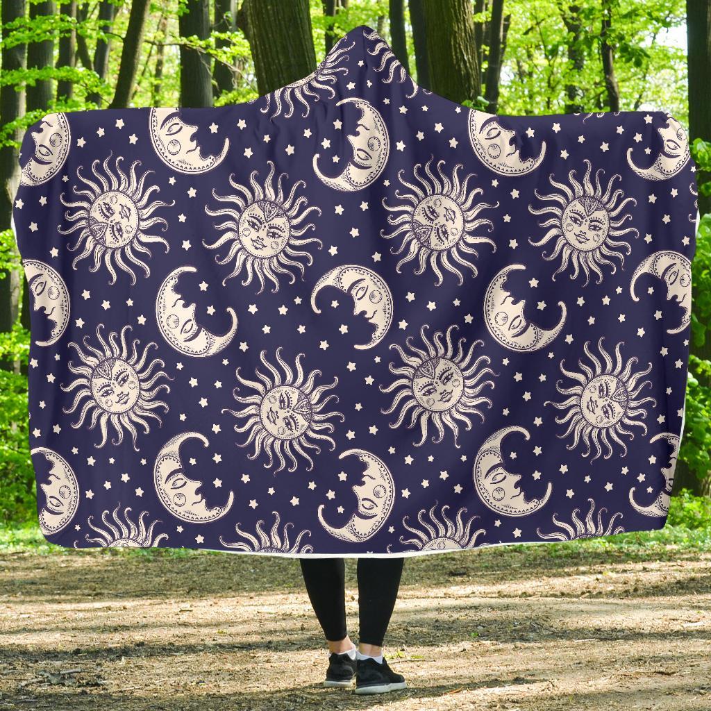 Sun Moon Pattern Print Hooded Blanket-grizzshop