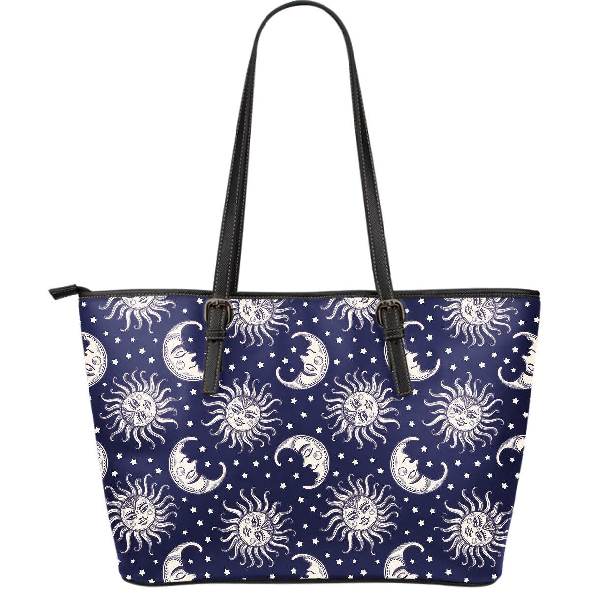 Sun Moon Pattern Print Leather Tote Bag-grizzshop