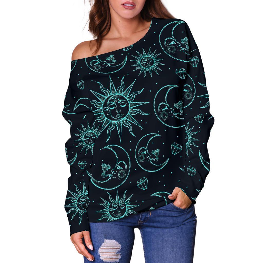 Sun Moon Print Pattern Women Off Shoulder Sweatshirt-grizzshop