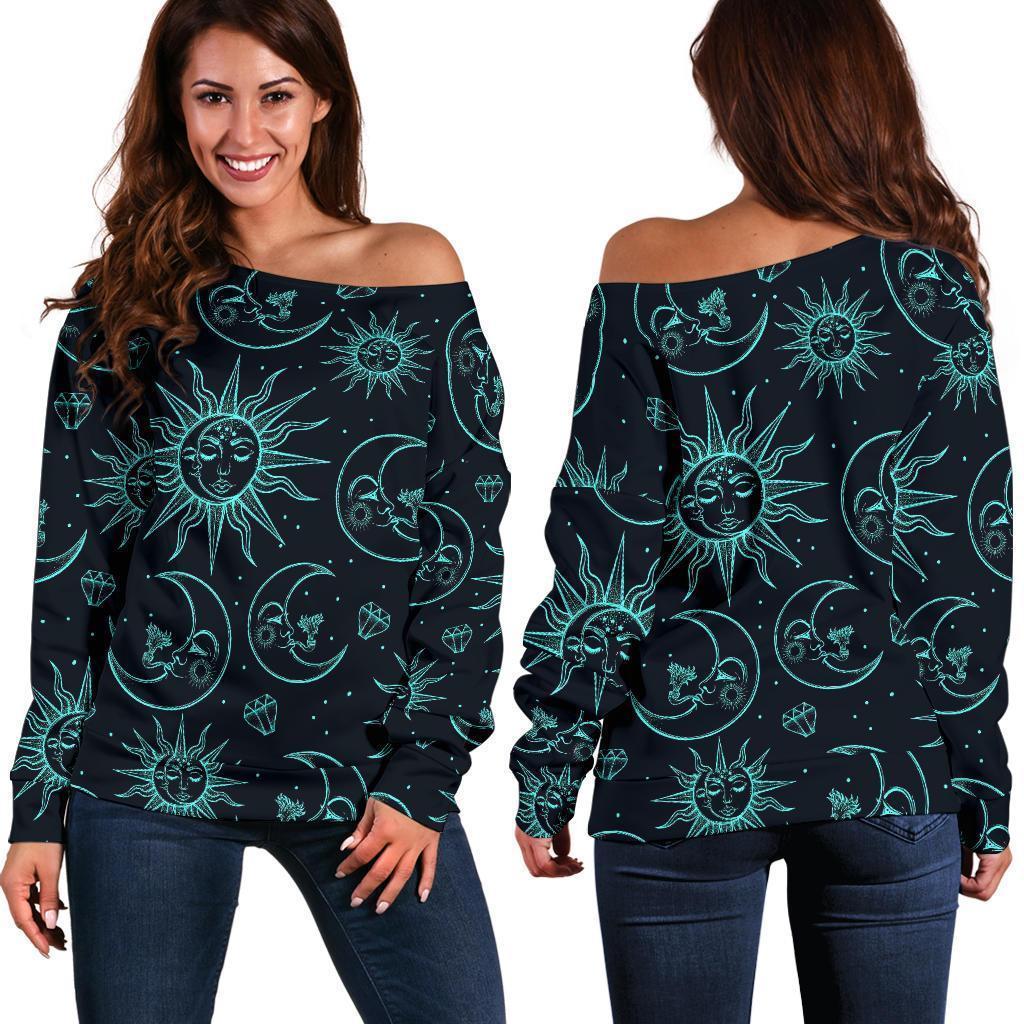 Sun Moon Print Pattern Women Off Shoulder Sweatshirt-grizzshop