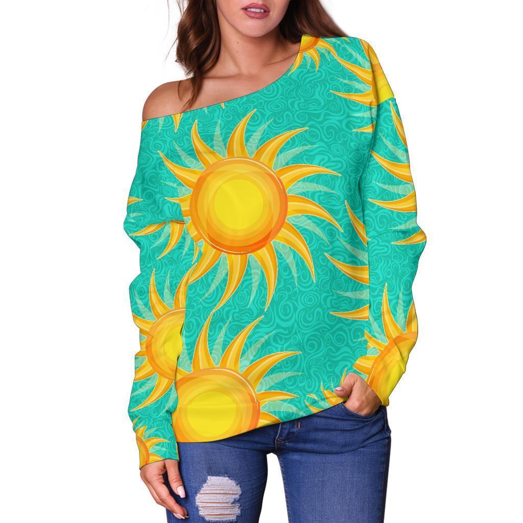 Sun Pattern Print Women Off Shoulder Sweatshirt-grizzshop