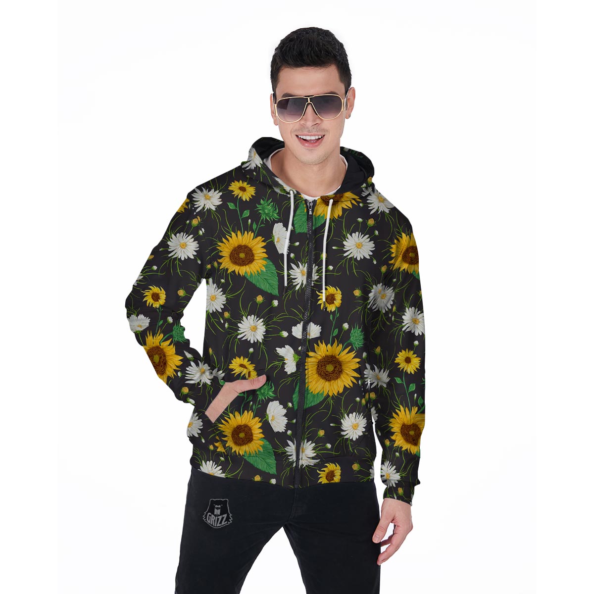 Sunflower And Chamomile Men's Zip Up Hoodie-grizzshop