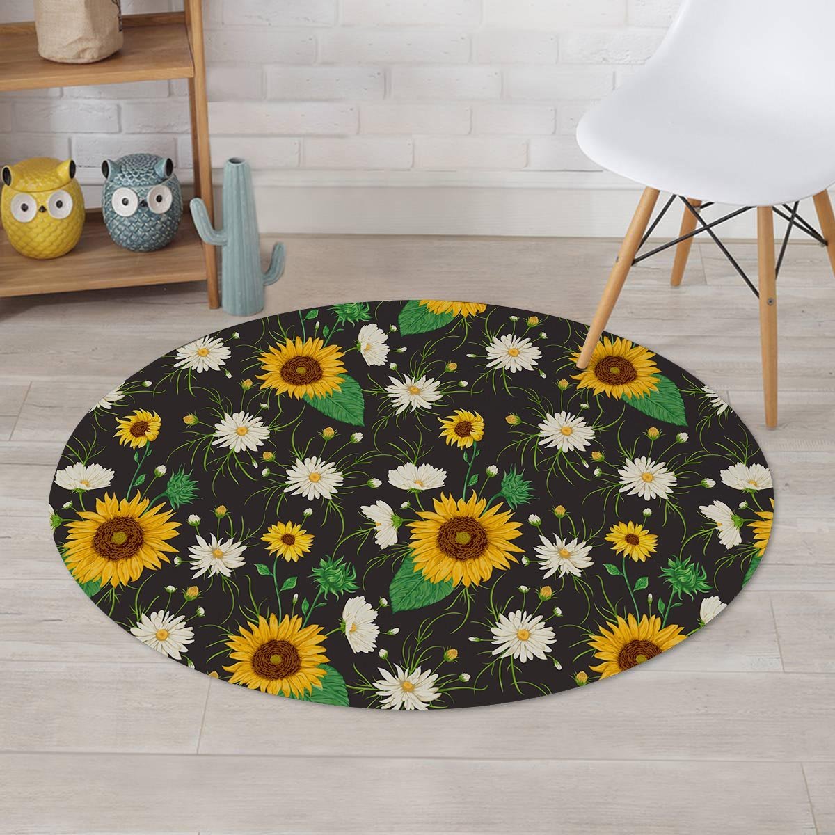 Sunflower And Chamomile Round Rug-grizzshop