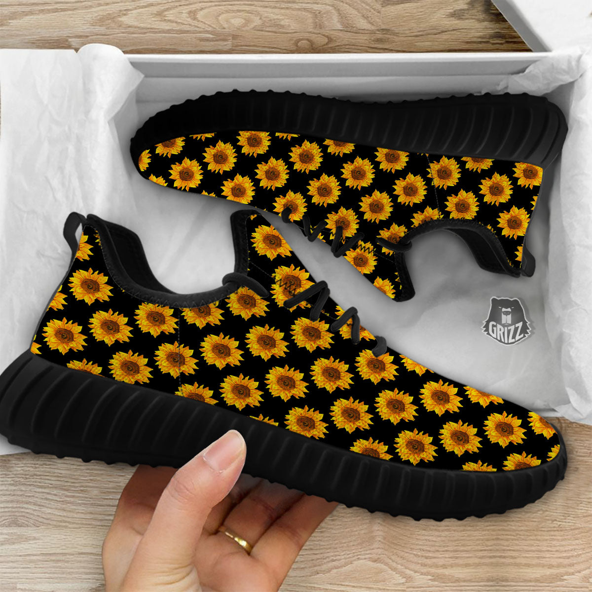 Sunflower Black Autumn Print Pattern Black Walking Shoes-grizzshop