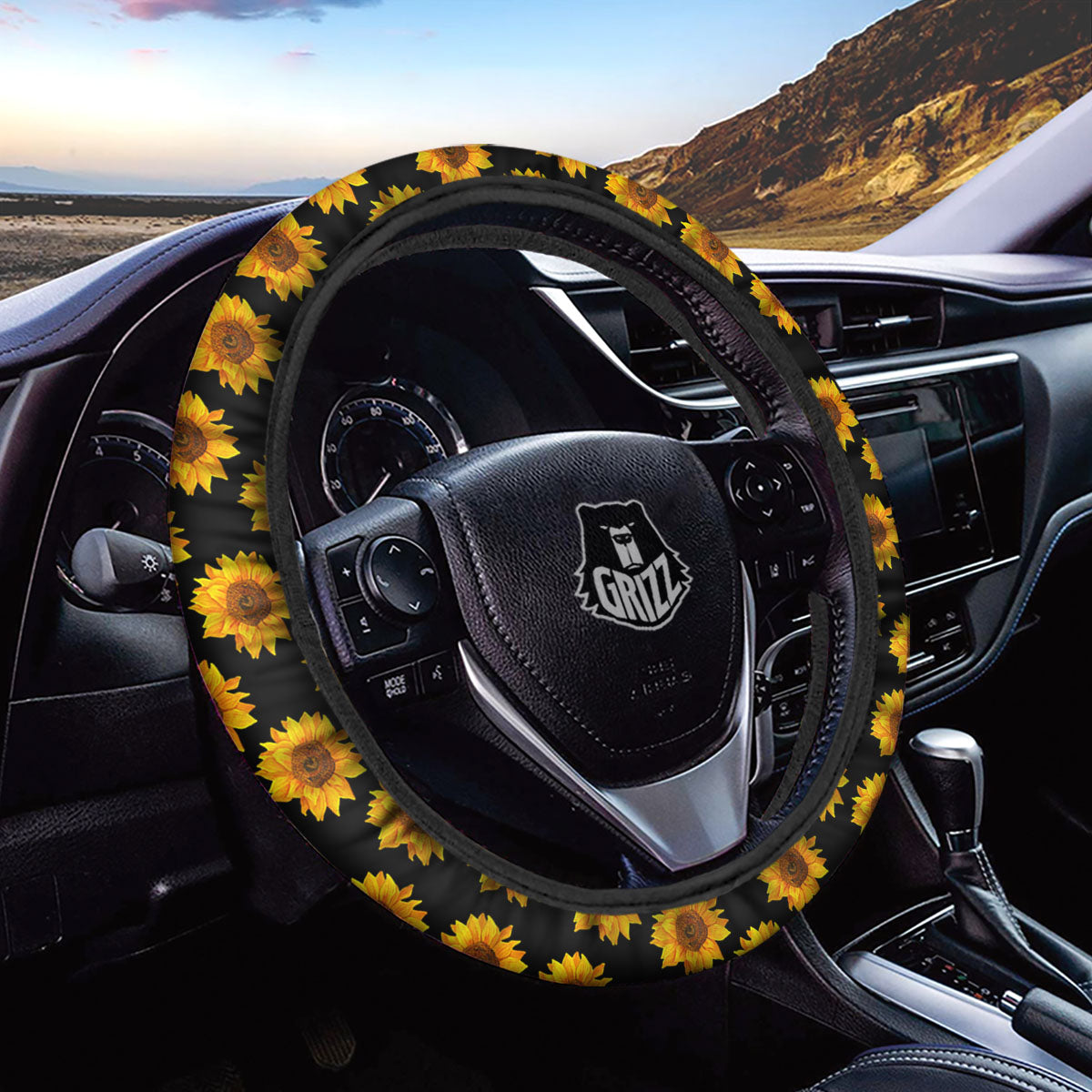 Sunflower Black Autumn Print Pattern Car Steering Wheel Cover-grizzshop