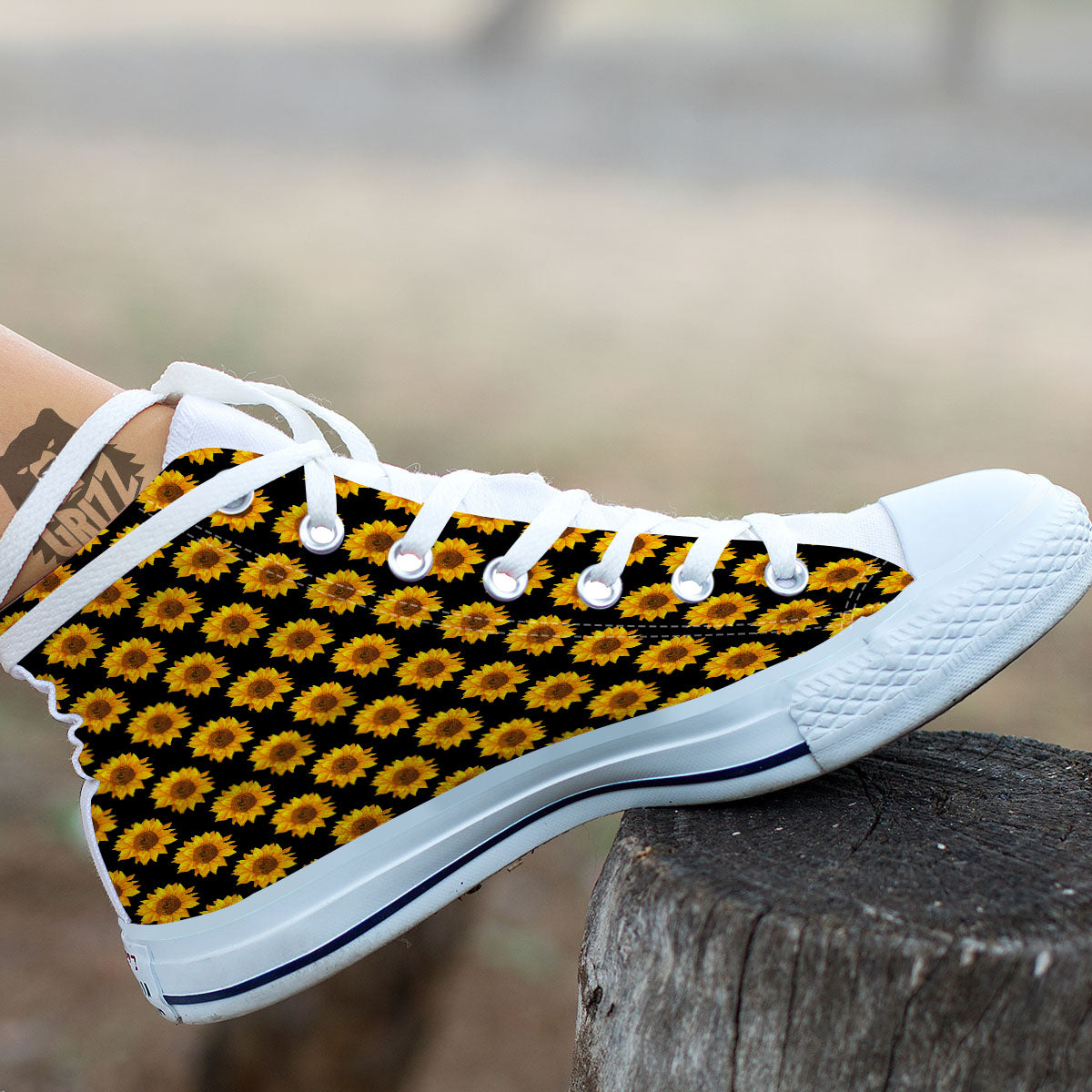 Sunflower Black Autumn Print Pattern White High Top Shoes-grizzshop