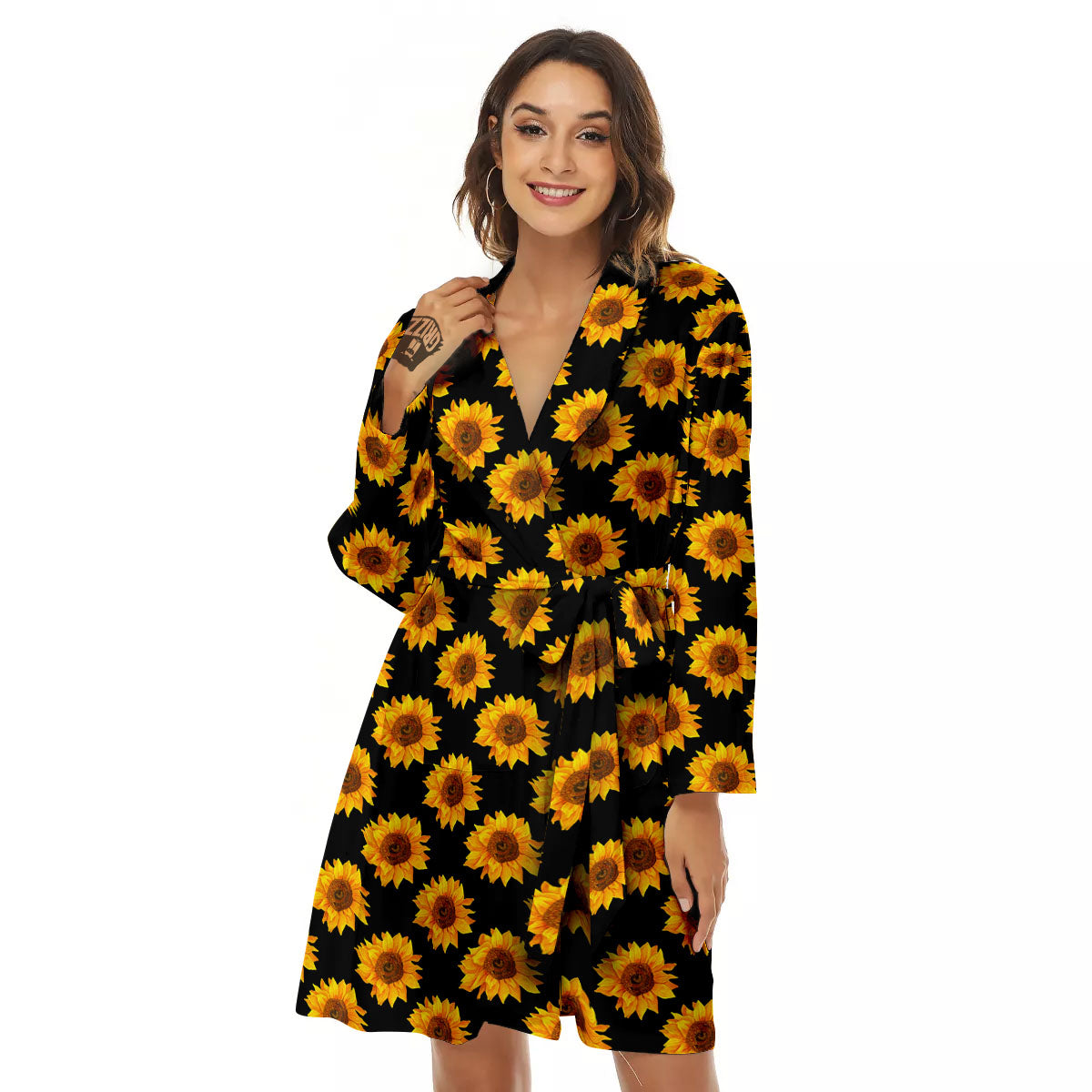Sunflower Black Autumn Print Pattern Women's Robe-grizzshop