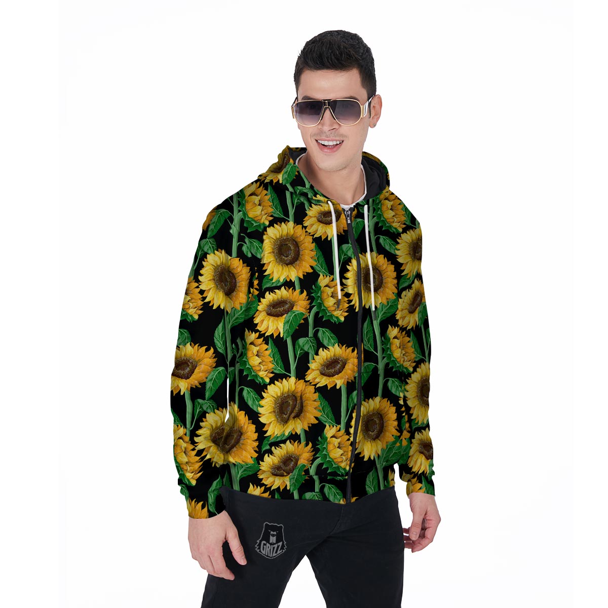 Sunflower Black Print Men's Zip Up Hoodie-grizzshop