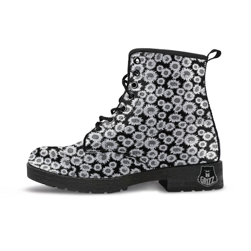 Sunflower Black Print Pattern Leather Boots-grizzshop