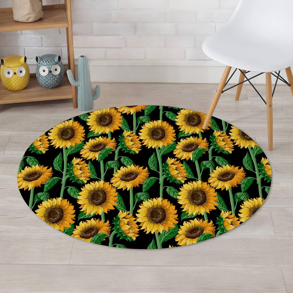 Sunflower Black Print Round Rug-grizzshop