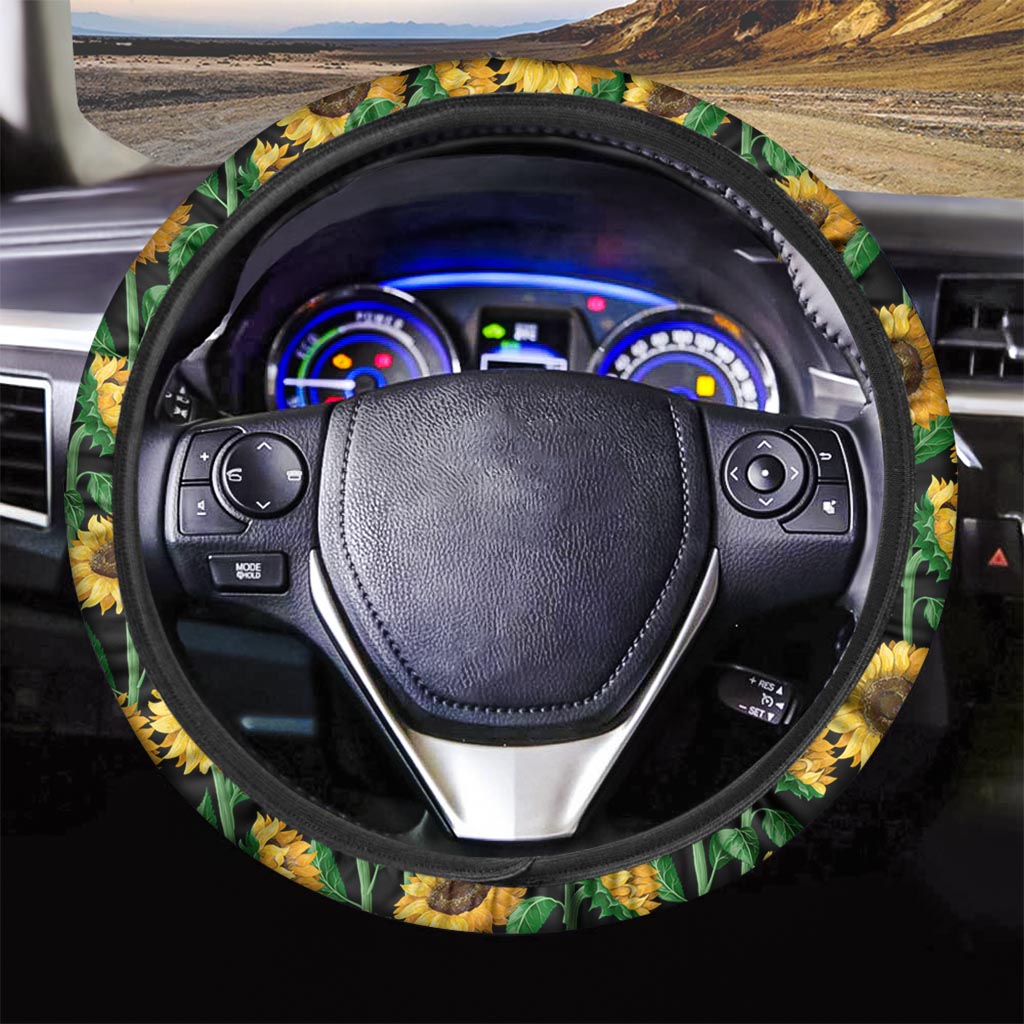 Sunflower Black Print Steering Wheel Cover-grizzshop