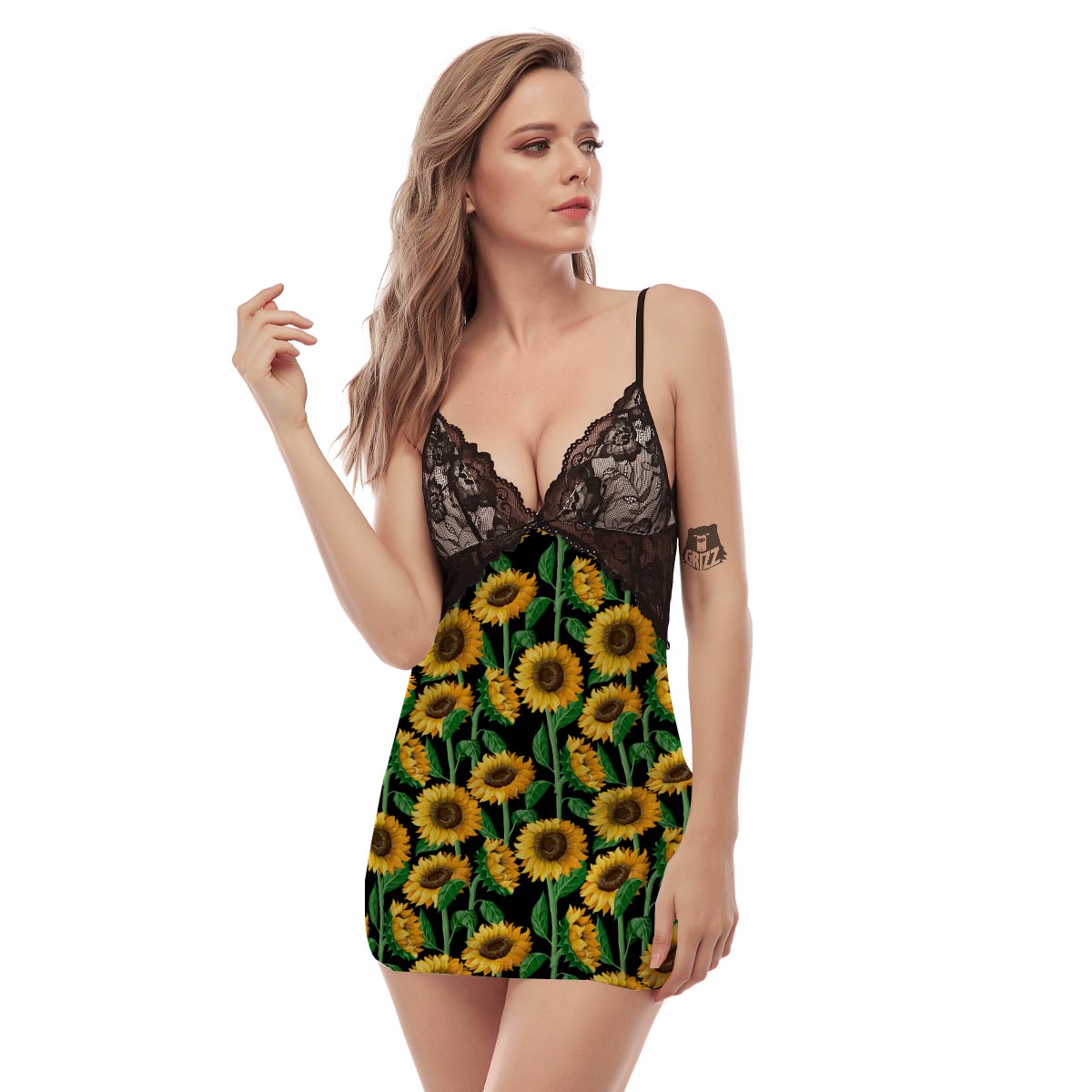 Sunflower Black Print Women's Sexy Night Dress-grizzshop
