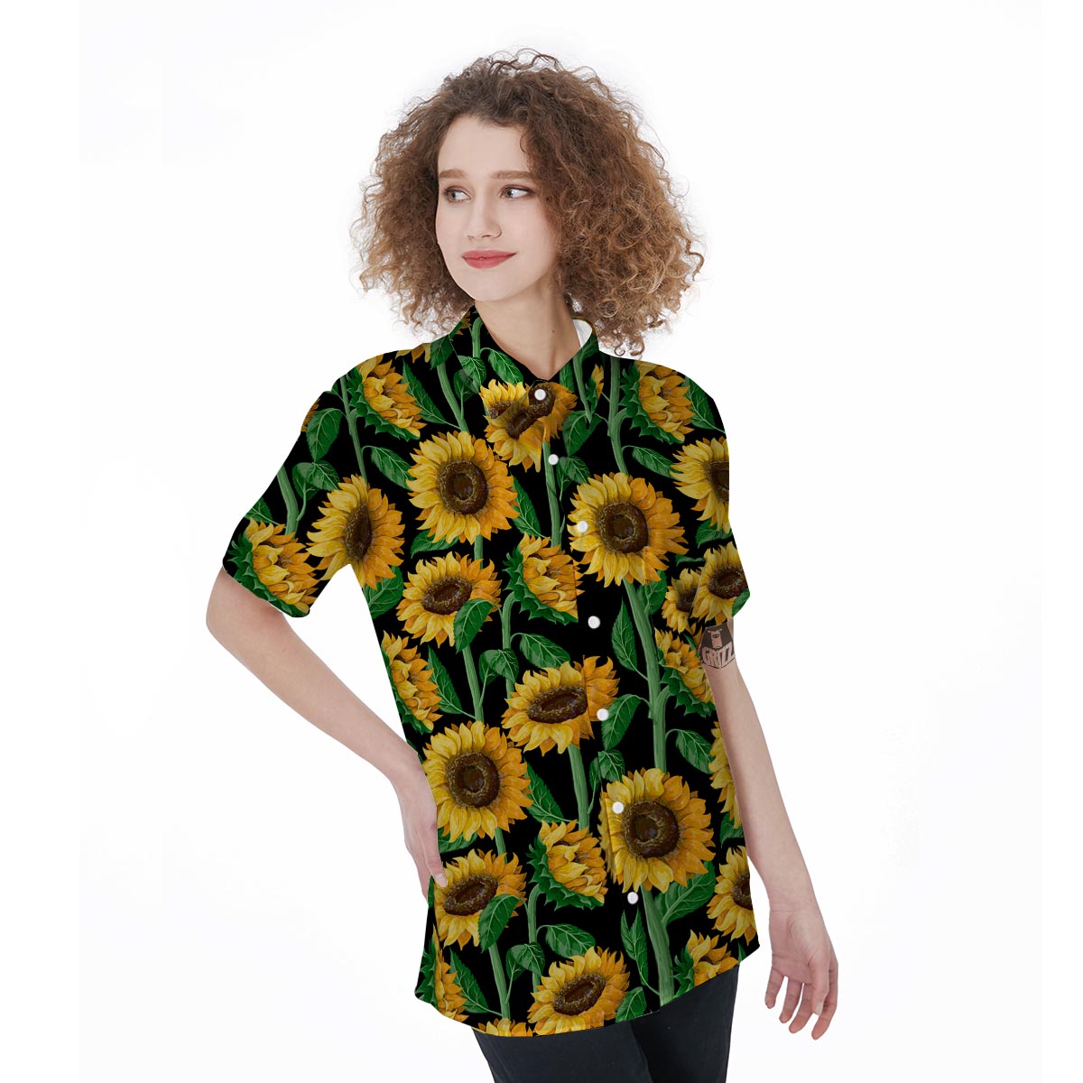 Sunflower Black Print Women's Short Sleeve Shirts-grizzshop