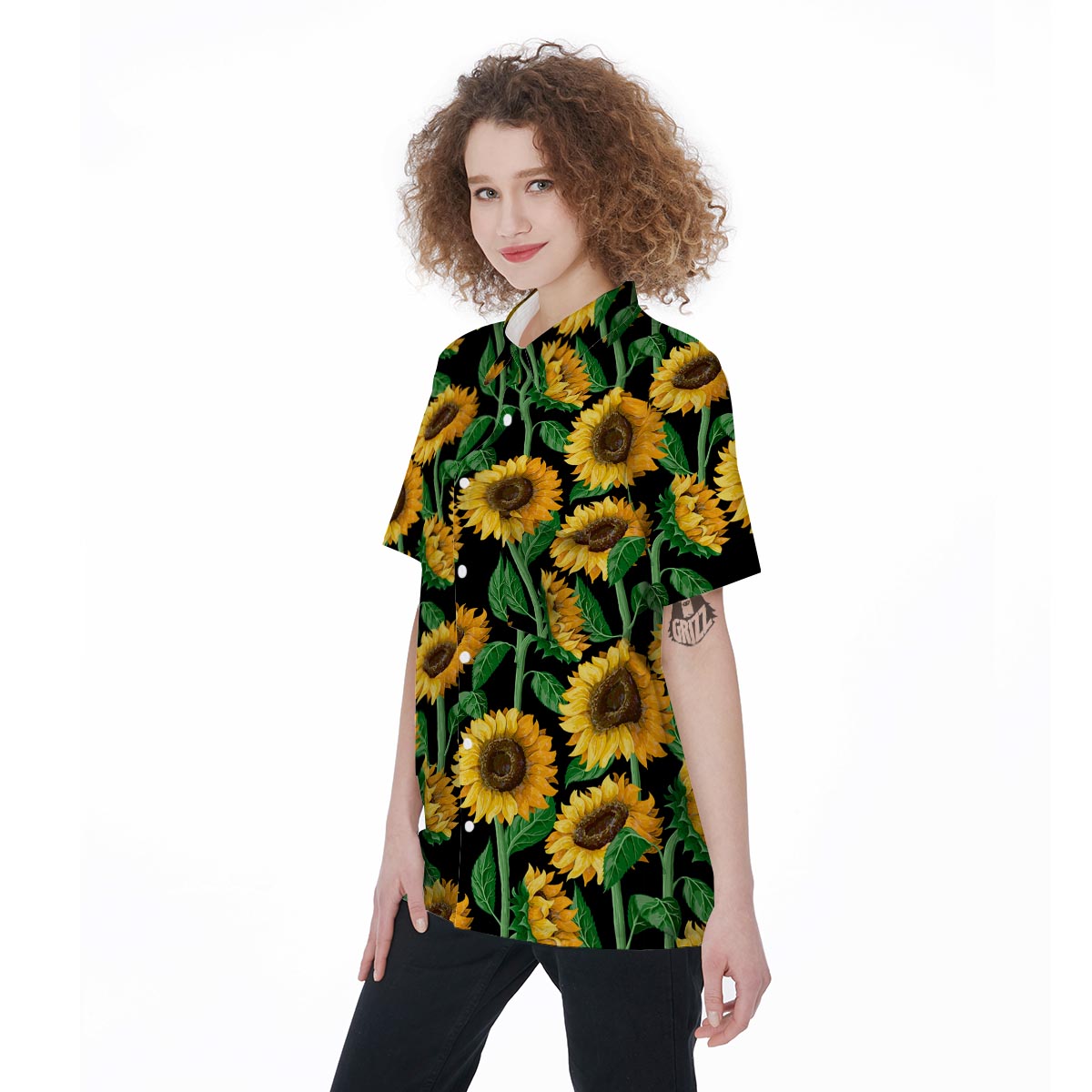 Sunflower Black Print Women's Short Sleeve Shirts-grizzshop