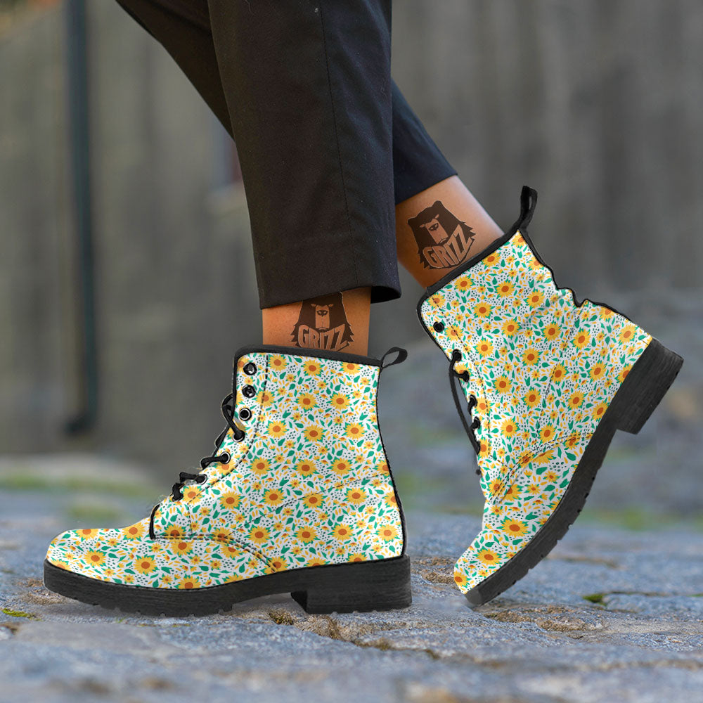 Sunflower Blooming Print Pattern Leather Boots-grizzshop