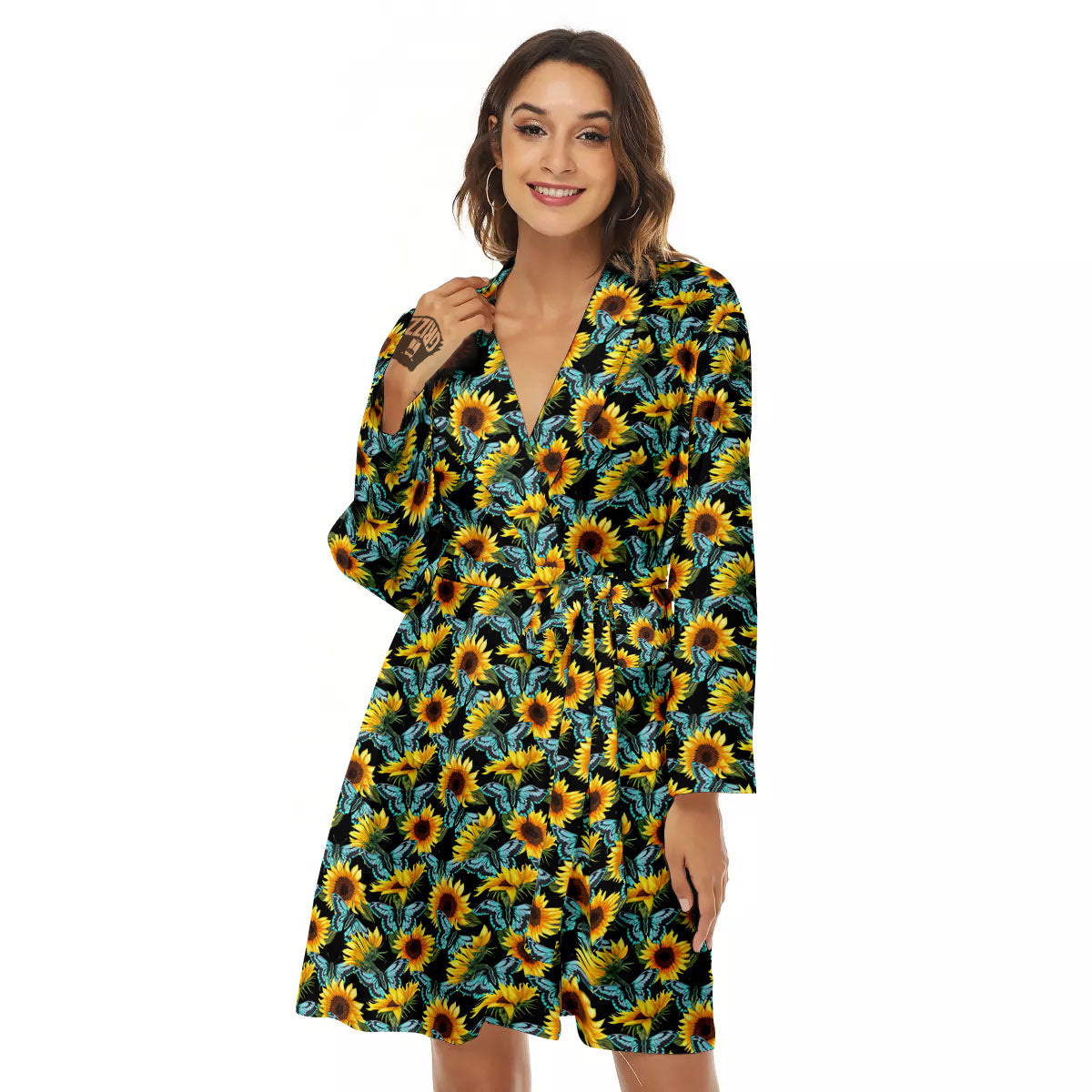 Sunflower Blue Butterfly Print Pattern Women's Robe-grizzshop