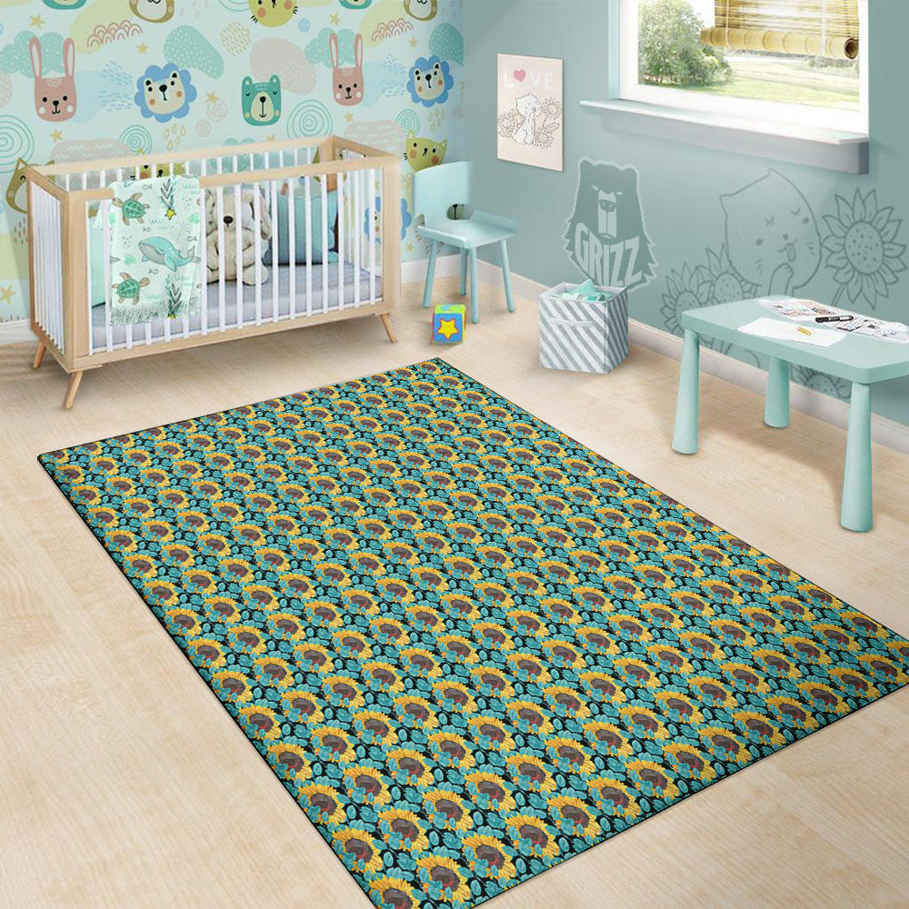 Sunflower Blue Print Pattern Floor Mat-grizzshop