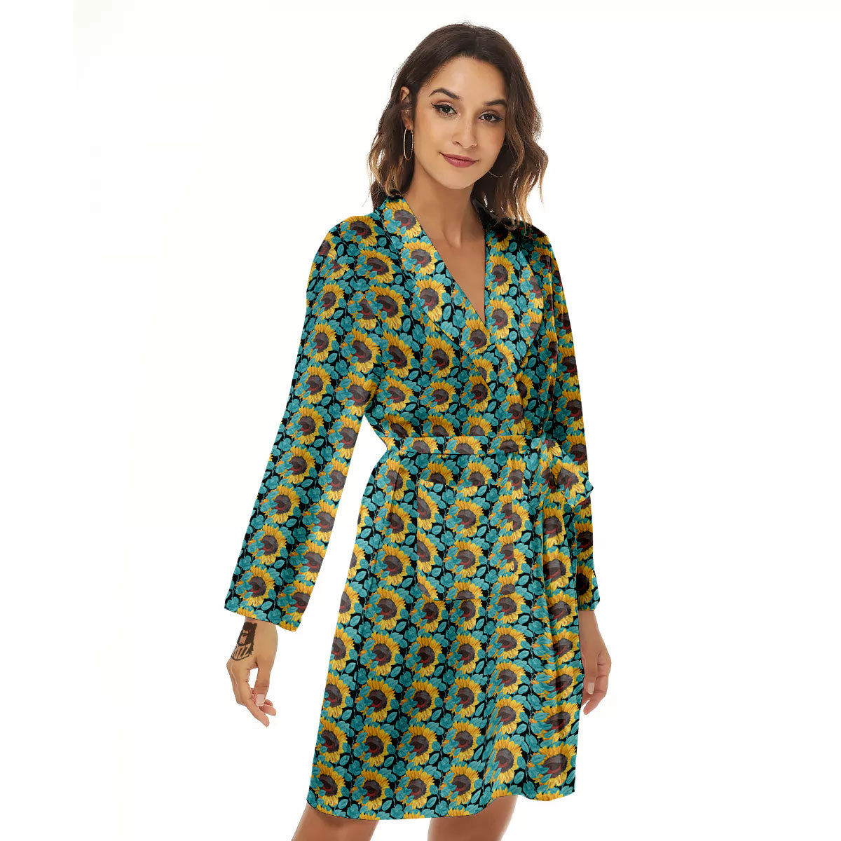 Sunflower Blue Print Pattern Women's Robe-grizzshop