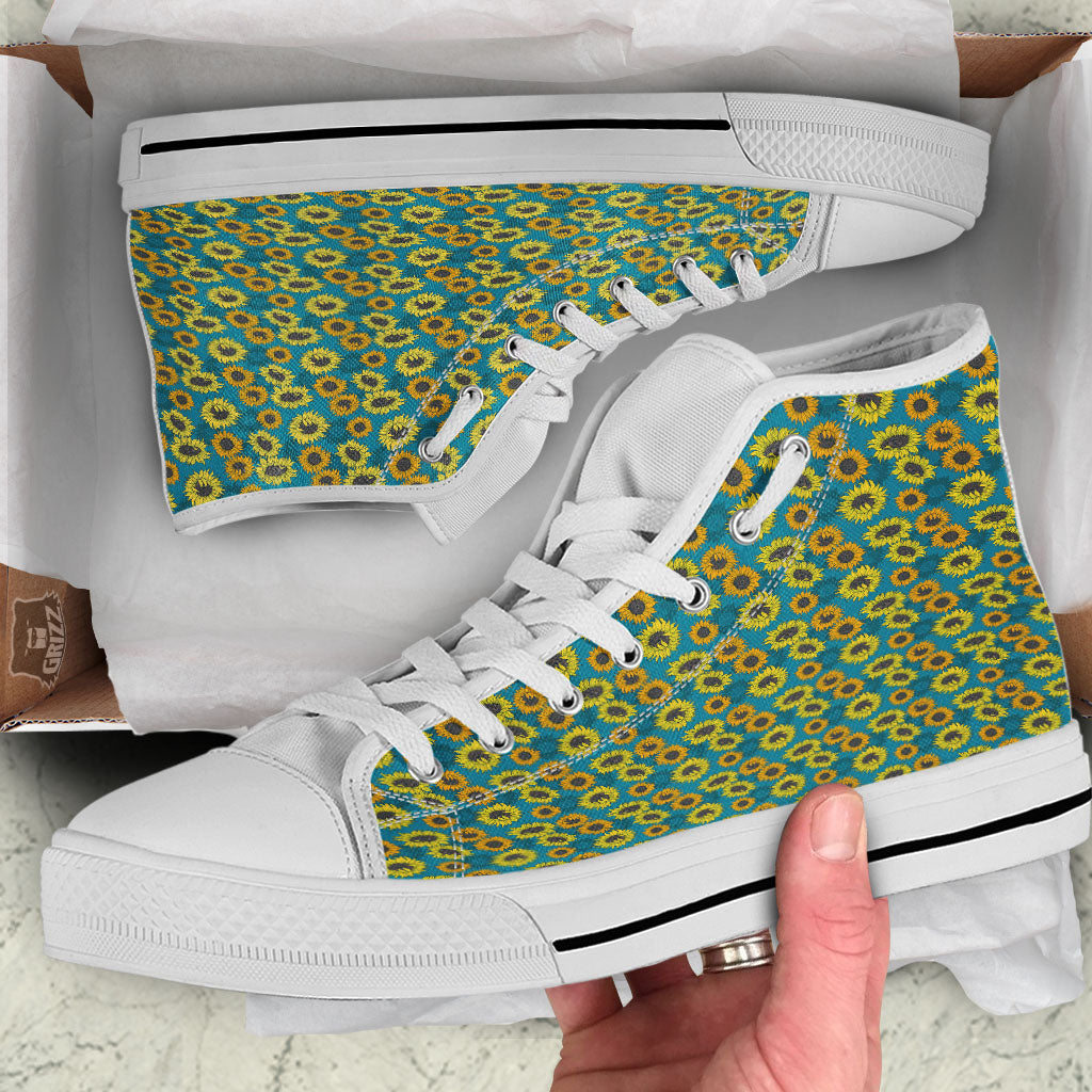 Sunflower Blue Vintage Print Pattern White High Top Shoes-grizzshop