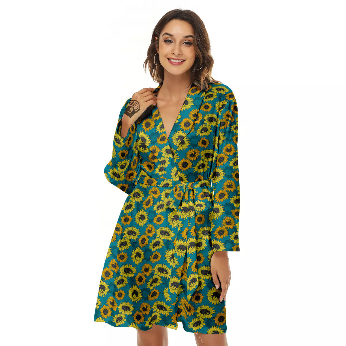Sunflower Blue Vintage Print Pattern Women's Robe-grizzshop
