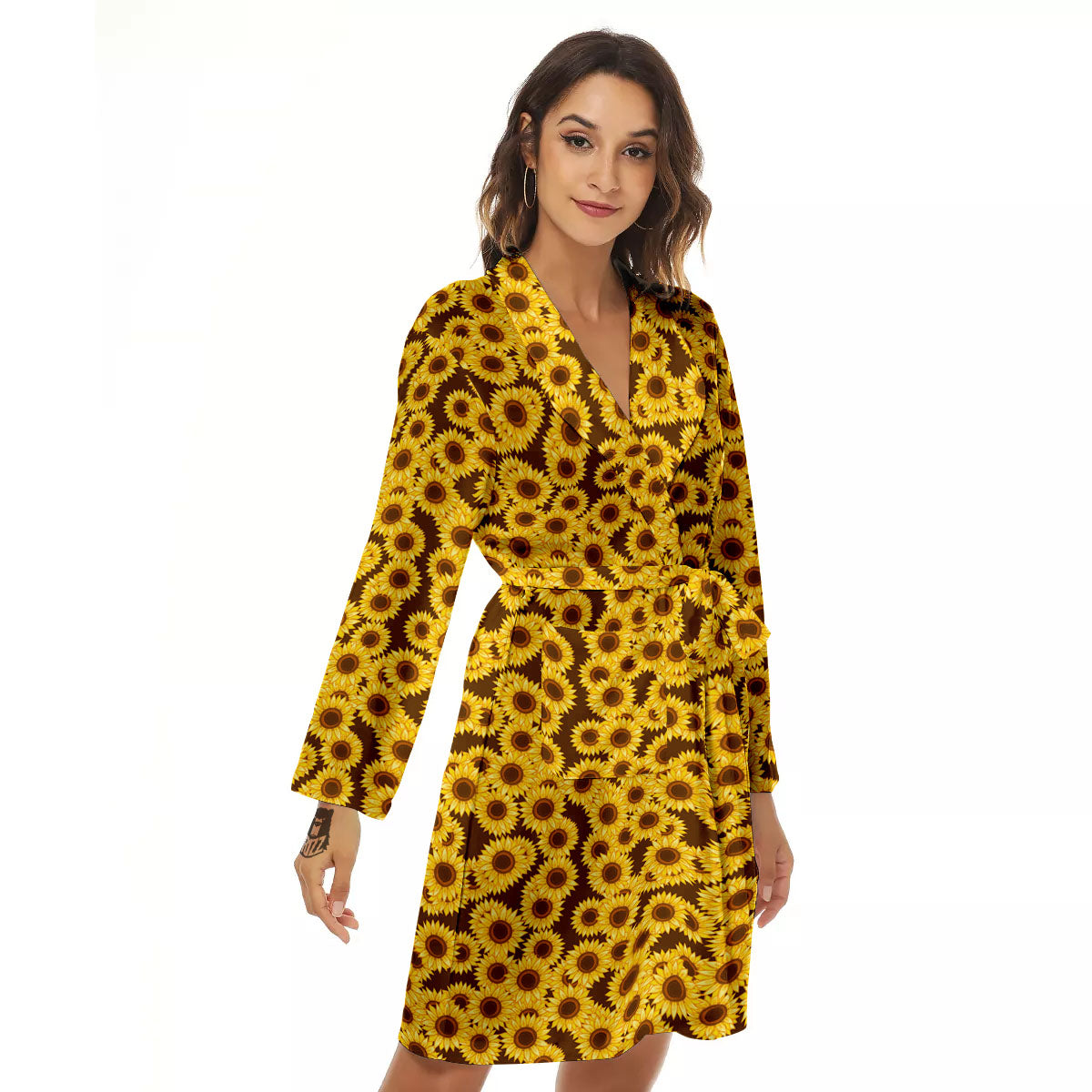 Sunflower Brown Print Pattern Women's Robe-grizzshop
