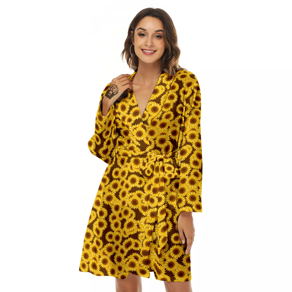 Sunflower Brown Print Pattern Women's Robe-grizzshop