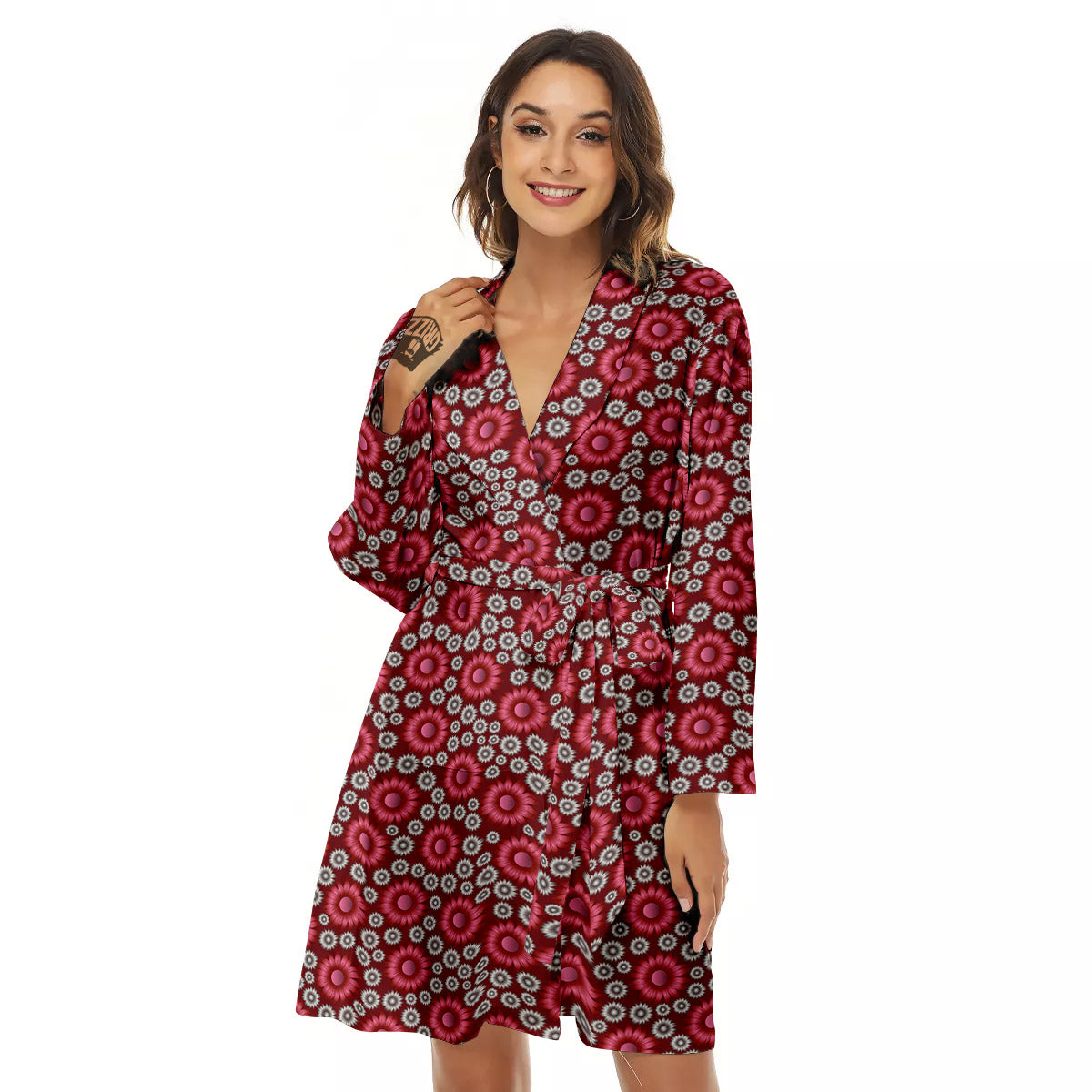 Sunflower Burgundy Print Pattern Women's Robe-grizzshop
