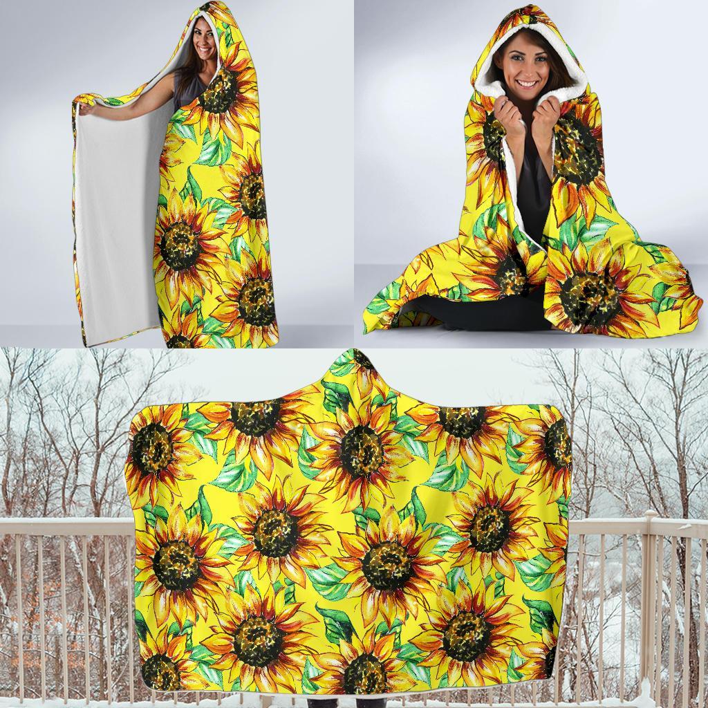 Sunflower Cartoon Pattern Print Hooded Blanket-grizzshop