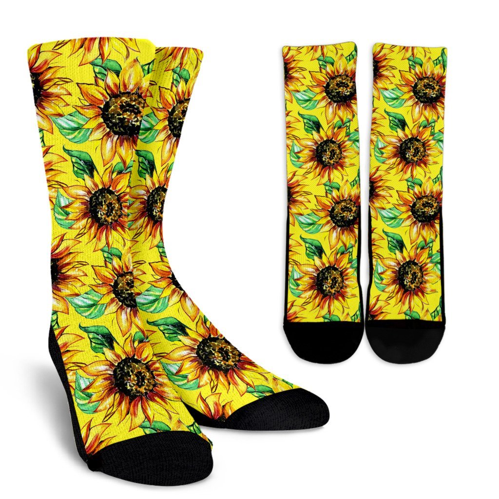 Sunflower Cartoon Pattern Print Unisex Crew Socks-grizzshop