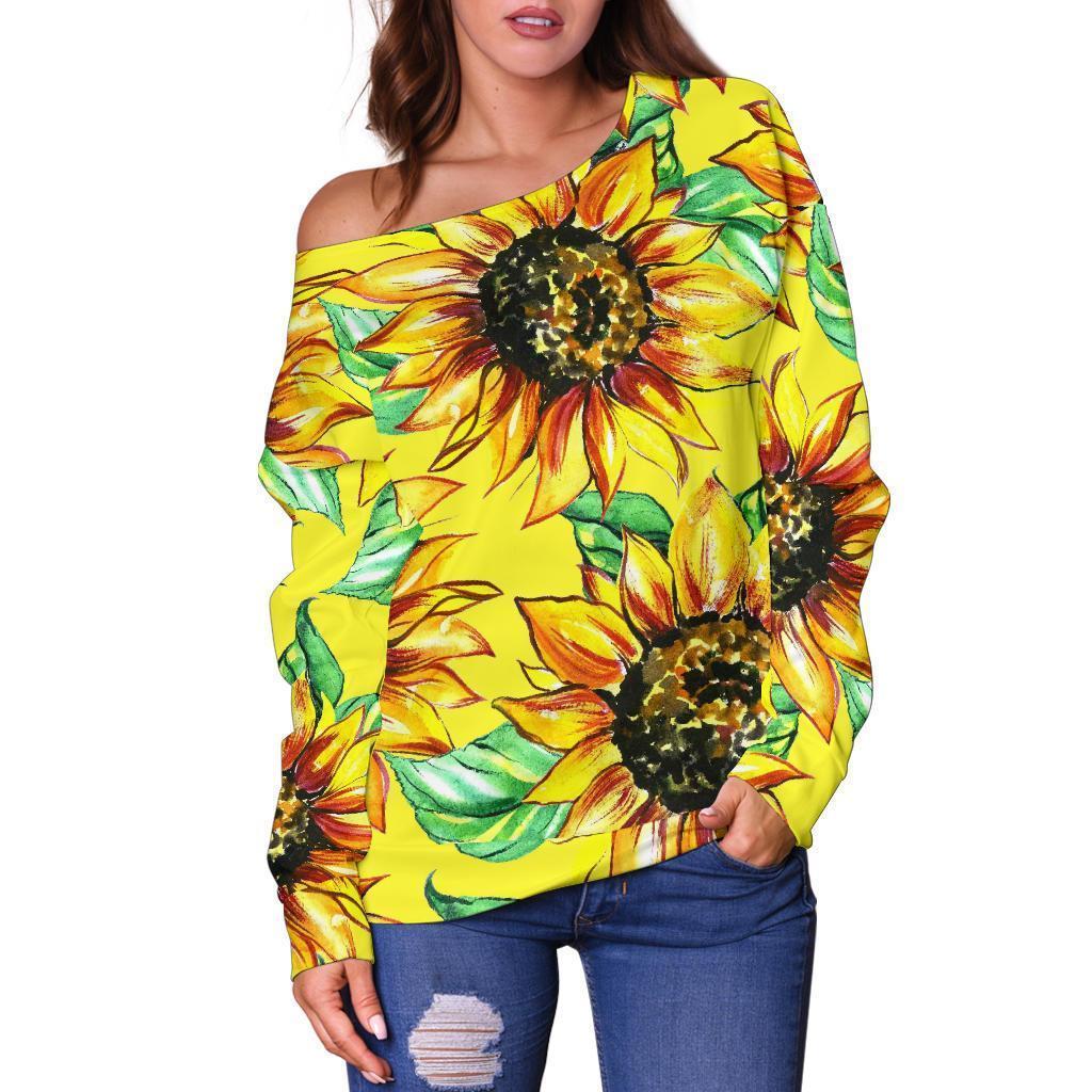 Sunflower Cartoon Pattern Print Women Off Shoulder Sweatshirt-grizzshop