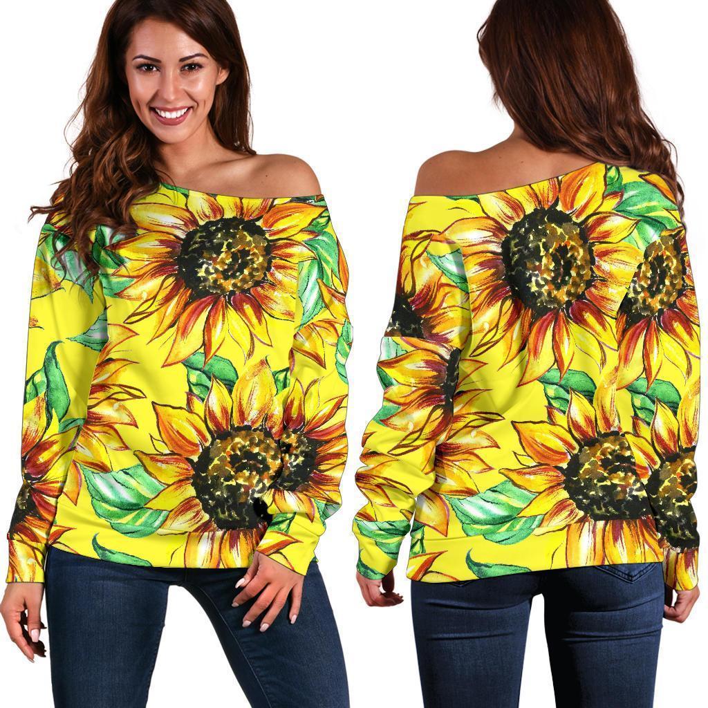 Sunflower Cartoon Pattern Print Women Off Shoulder Sweatshirt-grizzshop