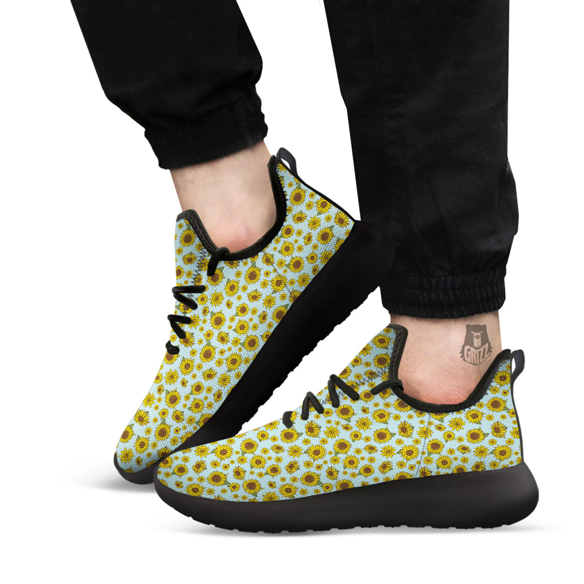 Sunflower Doodle Print Pattern Black Athletic Shoes-grizzshop