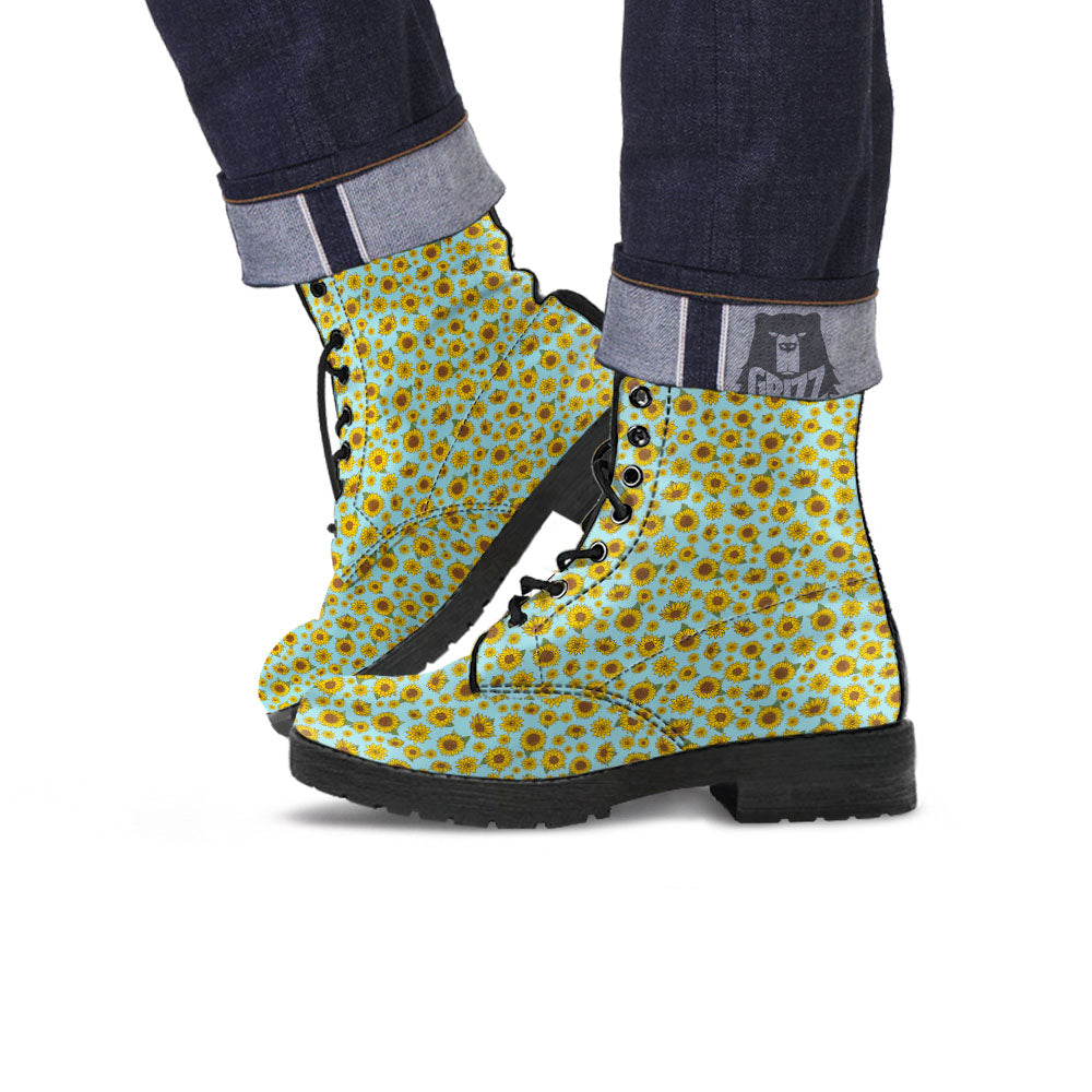 Sunflower Doodle Print Pattern Leather Boots-grizzshop