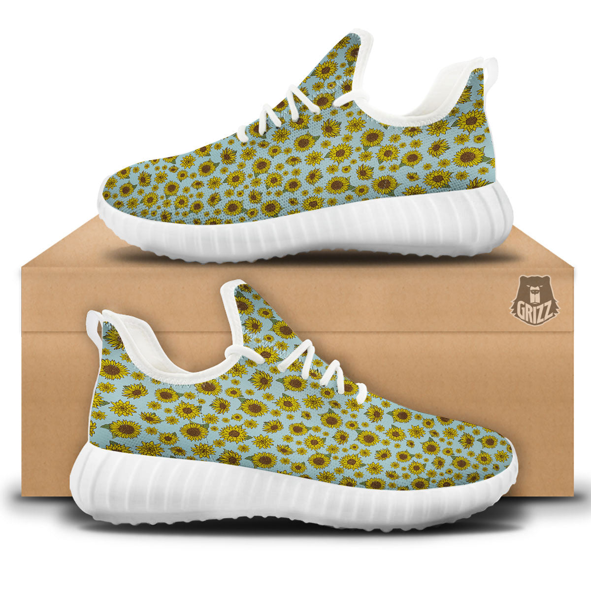 Sunflower Doodle Print Pattern White Walking Shoes-grizzshop